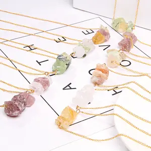 Zooying Hot Selling Natural Gravel Crystal Stone Amethyst Rose Quartz Irregular Rough Stone Design Lucky Adjustable Necklace