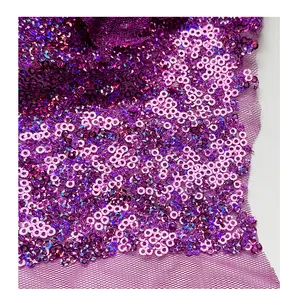 2024 Luxury French Girls Dress Embroidery Tulle Lace sparkling Purple 3mm laser Sequin Fabric For garment Shoes