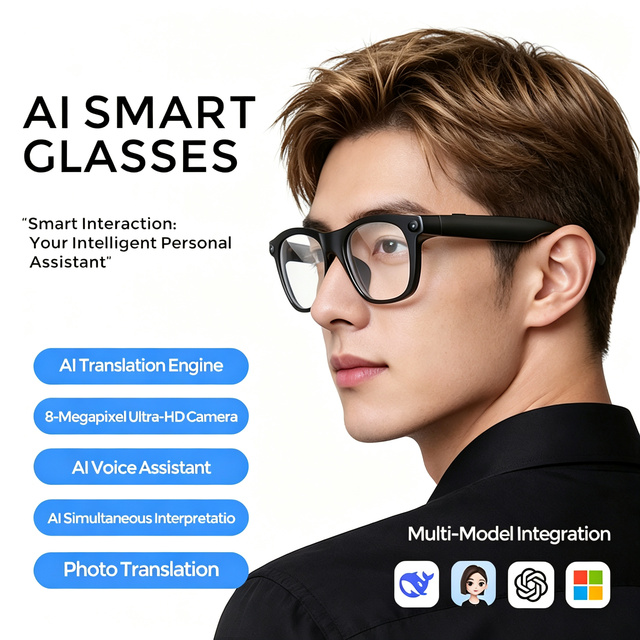 Premium AI Smart Glasses with WiFi 4 Connectivity AI Voice Assistant 8MP Camera Charging Protection AI Translation Smart Eyewear