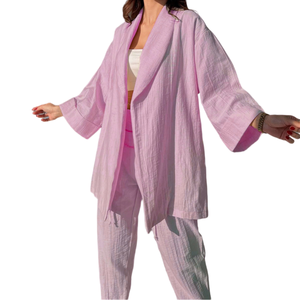 Vêtements personnalisés, chemisier pour femmes, crêpe de coton ivoire, manches longues, chemises et pantalons oversize, vêtements de mode pour ensembles de pyjamas - Product Image 5