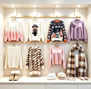 Pull en tricot personnalisé pour <span class=keywords><strong>femme</strong></span>, col rond côtelé en <span class=keywords><strong>coton</strong></span> et nylon, jacquard, décontracté, hiver, manches longues, mélange de laine - Product Image 1