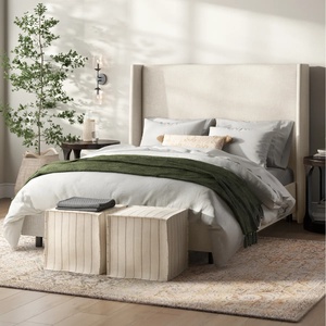 Premium American Modern Minimalist Linen Bed, Customizable High Wingback Headboard Bed Frame Luxury Designer Master <strong>Bedroom</strong> <strong>Unit</strong> - Product Image 1