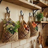 Panier de rangement suspendu en corde de coton tressé en forme de bol, à fixer au mur, pour organiser les fruits et légumes de la cuisine