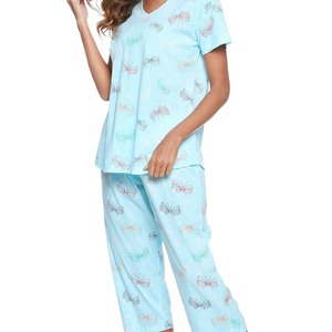 Women's Short Sleeve Capri Pajama Set <b>Knitted</b> Cotton Plus Size Sleepwear Loungewear Blue Butterfly Pink Cat Gray Coffee <b>Pattern</b> - Product Image 4