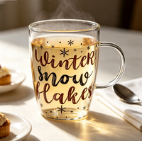 Mug en verre transparent imprimé Noël avec poignée, motif lettres festives, tasse à café ou à thé transparente, vaisselle de fête, cadeau de Noël