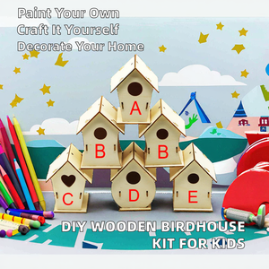 Ahşap Halk Sanatı Kuş Evi DIY Kiti Çocuklar İçin - Boyanmamış Ahşap Boyanabilir Mini Kuş Evi ve Boya Fırçaları - Product Image 2