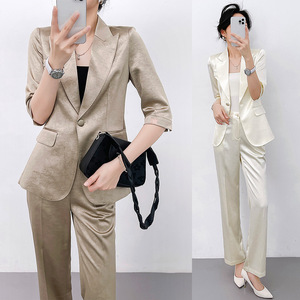 Women's Satin Suit Set 2026 New Arrival Spring Autumn Work Casual Blazer Pants Solid Color Polyester Fiber Women's Outfit - Product Image 1