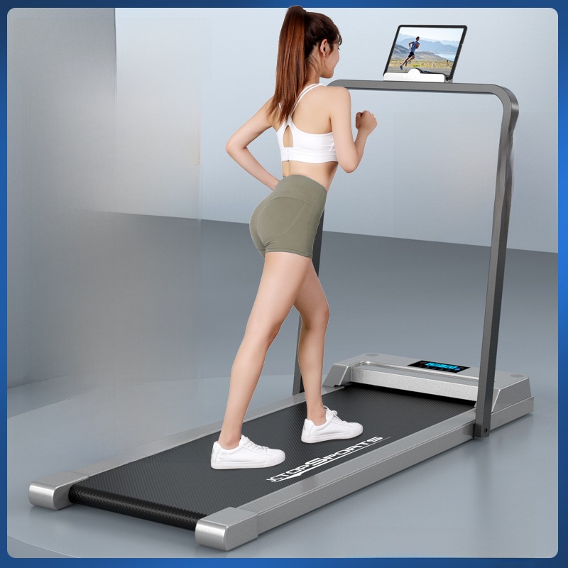 Black flat running treadmill + handrails (gray)