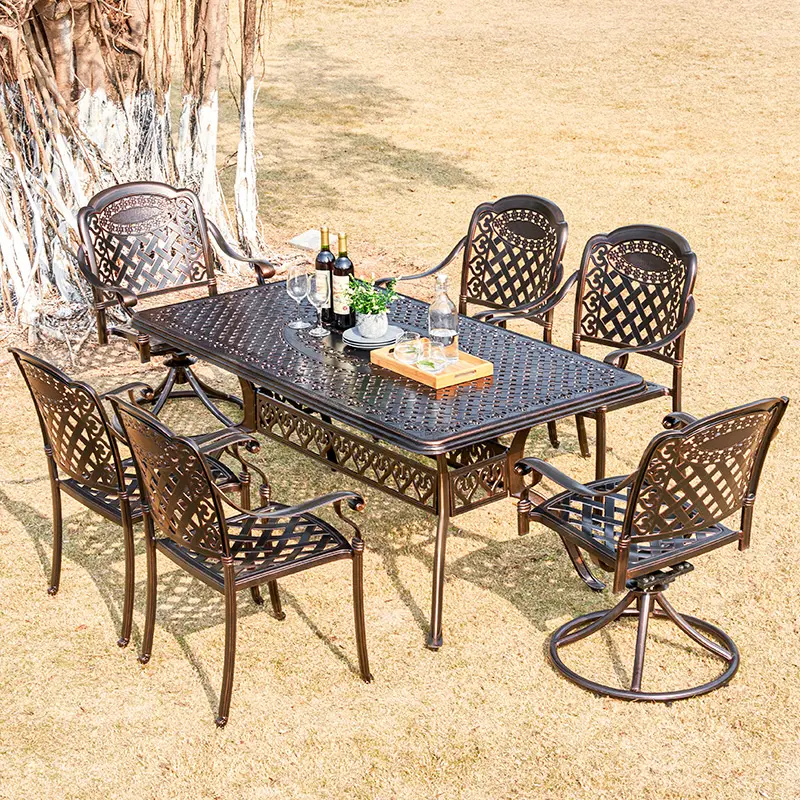 Patio Furniture Set Outdoor Metal Backyard Long Table with 2 Swivel Chairs Low MOQ Aluminum Manufacturer Durable Modern