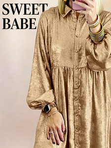 Robe chemise en satin SWEET BABE, taille empire, manches bouffantes, boutonnée devant, coupe ample, longueur midi, couleur unie, pour usage quotidien, robe décontractée - Product Image 1