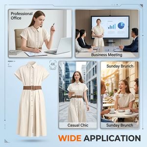 Abito Chemisier Vintage Premium da Donna, Linea ad A, Elegante con Pieghe Frontali, Maniche Corte, Cintura Intrecciata, Naturale, Lavabile, Traspirante, Estivo - Product Image 5