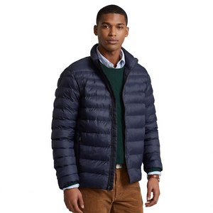 Veste matelassée bleu marine pour homme, col montant, fermeture éclair, coupe-vent, vêtement d'hiver décontracté, coupe régulière, couleur unie, extérieur en polyester - Product Image 1
