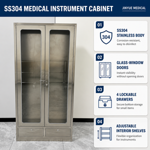 Armoire de rangement médicale <span class=keywords><strong>en</strong></span> acier inoxydable brossé avec étagères réglables et porte vitrée à charnières pour <span class=keywords><strong>pharmacie</strong></span> - Product Image 3