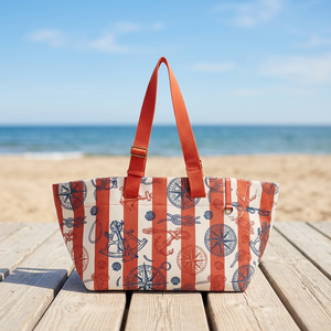 Bolsa de Compras de Algodón Ecológica con Estampado de Ancla Náutica y Brújula |   Bolsa de Transporte Reutilizable con Correa de Hombro Ajustable - Product Image 5