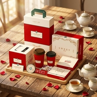 Ensemble d'emballages de boulangerie de luxe personnalisés rouge et blanc, boîte à gâteau vintage à impression dorée, tasse à café, sac cadeau en papier à emporter avec poignée