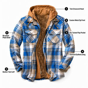 Veste de travail XINHUI pour homme, en flanelle matelassée à carreaux, avec capuche et fermeture éclair, deux-en-un, OEM ODM, vente en gros, sur mesure - Product Image 4