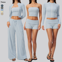 Nouvel Arrivage Ensemble de Yoga Rayé Côtelé pour Femme, Haut Bandeau à Col Montant Zippé et Short, Doux, Respirant, pour Fitness, Entraînement et Tenue Décontractée