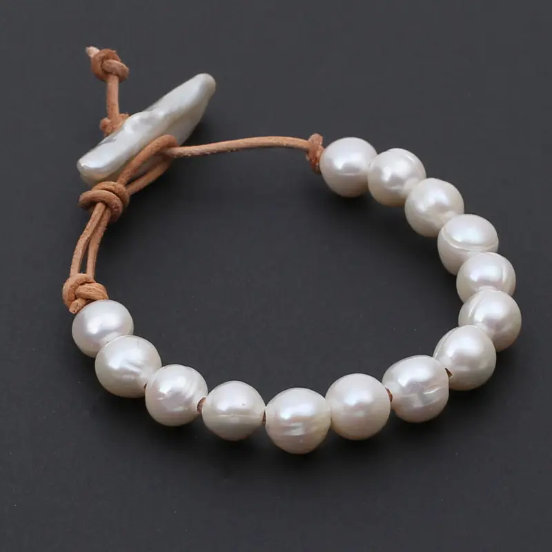 Wholesale 8-9mm freshwater cultured pearl real leather bracelets man women