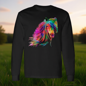 T-shirt artistica a maniche lunghe con acquerello di cavallo arcobaleno - Product Image 3