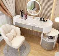 Coiffeuse de luxe ronde en pin massif avec miroir LED, grand coffre de rangement, station de maquillage moderne pour chambre à coucher