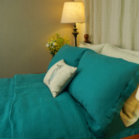 Ensemble de literie en lin français 100% écologique de couleur sarcelle, 4 pièces, luxueux et respirant, taille King, housse de couette, drap plat