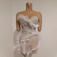 Robe mini asymétrique TianYi en tulle à volants, ornée de perles blanches, idéale pour les mariages et les spectacles sur scène