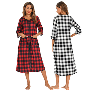 Abiti da notte per donna rosso nero a griglia in cotone Plaid in poliestere personalizzato ODM pigiama da donna pigiama camicia da notte lunga per la notte - Product Image 1