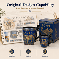 Souvenirs d'Égypte ancienne africaine, articles cadeaux en céramique, tasse à café avec cuillère, design mosaïque pyramide et chameau, personnalisable OEM ODM, vente en gros