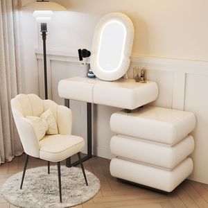 Creamy Style Beige Solid Wood Rock Slab <b>Dressing</b> <b>Table</b> - High-Grade Bedroom <b>Makeup</b> Desk with Integrated Storage Chest - Product Image 3