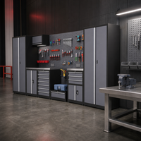 Système d'atelier personnalisable avec armoire à outils à 4 à 7 compartiments, établi, panneau perforé mural et tiroirs de rangement suspendus pour garage et atelier