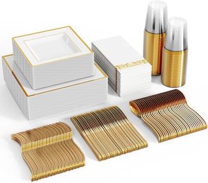 25 Guests Disposable Heavy Duty Dinnerware Set 175pcs Square Plastic Plates Gold Rim <b>Napkin</b> Silverware for <b>Parties</b> Free Sample - Product Image 1