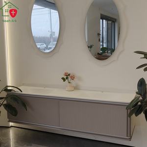 Meuble-lavabo de salle de bain gris froid moderne avec finition laquée en mélamine, lavabo double blanc, double miroir, style hôtel - Product Image 5