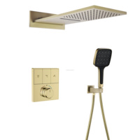 Ensemble de douche mural thermostatique en laiton 3 voies avec pommeau de douche cascade et pluie, finition or brossé PVD de haute qualité