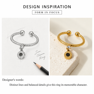 Anillo Ajustable con Dije de Disco Solar Dorado, Joyería de Acero Inoxidable con Zirconia, Banda Abierta y Baño de Oro de 14K al Vacío - Product Image 4
