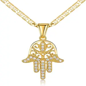 Kalung perlindungan keberuntungan untuk pria wanita, perhiasan kubik zirkonia CZ berlapis emas 18K mata jahat Hamsa