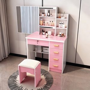 Table de maquillage moderne pour chambre d'hôtel, salle de bain, femmes, en MDF, avec éclairage, rangement, petite coiffeuse rose, organisateur, miroir - Product Image 5