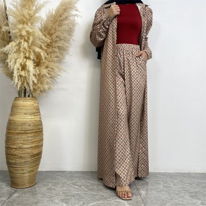 6674# Latest Abaya 2 Pieces <b>Set</b> Satin Buttons Abaya and Pockets Pant <b>Set</b> 3 Different Pattern 10 Colors - Product Image 2