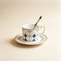 Ensemble tasse à café et soucoupe en céramique 220 ml avec cuillère, motif bleu et or, pour la maison ou le café
