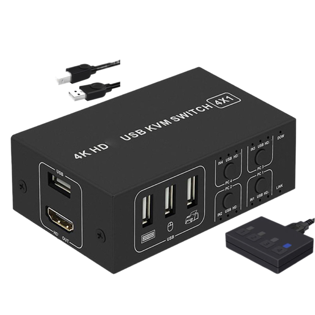 Stock Newest Hot selling 4K USB KVM Switch Box 4 Ports 4K HDMI-Compatible USB KVM Switch Support PC Printer Wireless Keyboard Mouse USB and PS2 DP