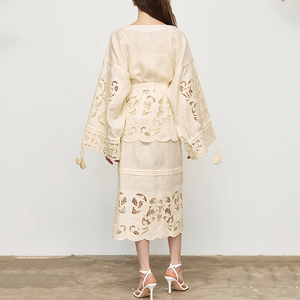 Nouvel ensemble deux pièces chemise-robe brodée à pompons, classique et élégant, ensemble deux pièces robe 100% lin sur mesure - Product Image 5