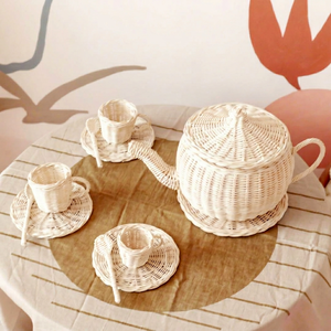 Service à thé en rotin tressé naturel pour enfants, théière et tasses, jouet de cuisine écologique, unisexe, de 2 à 4 ans - Product Image 1