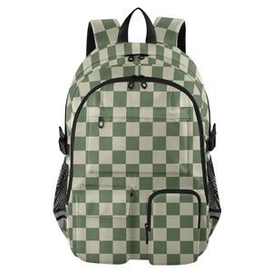 Sac à dos d'étudiant rembourré pour ordinateur portable de 17 pouces, motif à carreaux vert multi-poches, logo personnalisé, sac à dos de voyage pour l'école avec sangle de bagage - Product Image 2