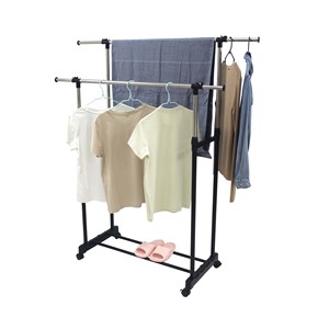 Séchoir <span class=keywords><strong>à</strong></span> linge <span class=keywords><strong>à</strong></span> double barre en métal noir, séchoir <span class=keywords><strong>à</strong></span> linge minimaliste <span class=keywords><strong>sur</strong></span> <span class=keywords><strong>roulettes</strong></span>, design élégant et gain de place pour la buanderie moderne - Product Image 1