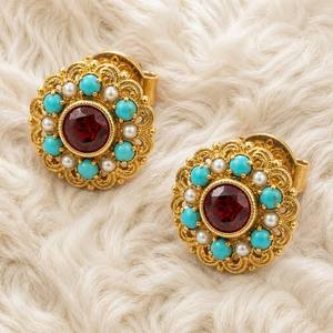 Boucles d'oreilles clous rondes vintage en laiton plaqué or avec pierres multiples, OEM/ODM, vente en gros personnalisée, bijoux rétro pour femmes - Product Image 3