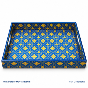 Plateau de service décoratif en MDF – Plateau en bois imprimé bleu et or pour la maison, la salle à manger, le thé et le service de table - Product Image 1