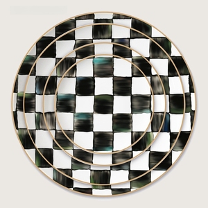 Nordic Style Black White Plaid Custom Logo Porcelain <b>Flat</b> Dinner Plate - Product Image 1