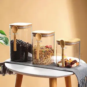 Vidro borosilicato alto jar quadrado Colher De Madeira Tampa De Madeira Armazenamento De Vidro Selado Jarro De Vidro Quadrado Tempero Jar De Armazenamento De Café