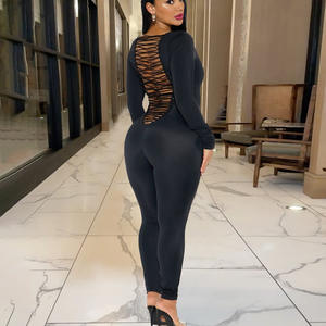 2026 Producto de tendencia <span class=keywords><strong>Escote</strong></span> en U Manga larga Color negro sólido Apretado Sin espalda Vendaje Bodycon Sexy Monos de una pieza - Product Image 2