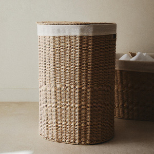 Woven Paper <b>Rope</b> Laundry <b>Basket</b> Round Dustproof Clothing Organizer Standing Type With Lid Bedroom <b>Storage</b> <b>Basket</b> - Product Image 1