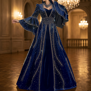 Elegante Vestido de Gala Azul Marino de Terciopelo con Cuello en V, Adornos de Cuentas, Largo hasta el Suelo, Manga Capa, Cintura Natural, Vestidos de Fiesta - Product Image 3